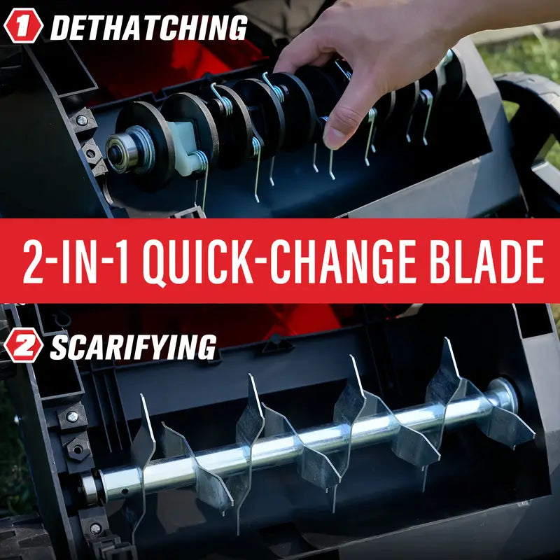 MZK 13" 2-in-1 Electric Dethatcher & Scarifier with 4-Position Height Adjustment, 8 Gallon Thatch Bag, 3, 5" Wide Tines, 3, 5" Deep Trench, 5" Wide Tines, 5" Deep Trench, 5