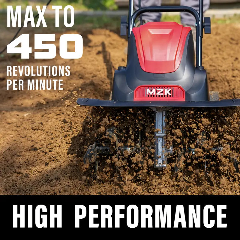 MZK 16-Inch 13.5-Amp Corded Electric Tiller/Cultivator, 8-inch Tillling Depth with Adjustable Wheels, Foldable Electric Rototiller for Garden Soil Digging